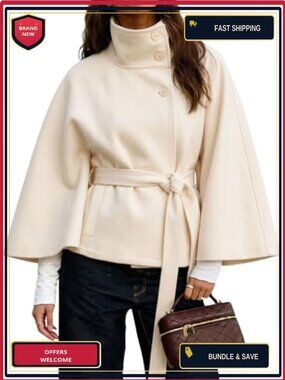 Wool Blend Batwing Sleeve Belted Poncho Pea Coat Winter Overcoat